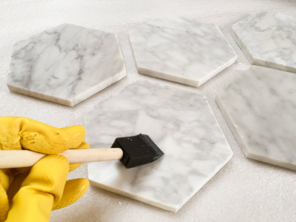 Sealing hexagon marble tiles to make DIY coasters