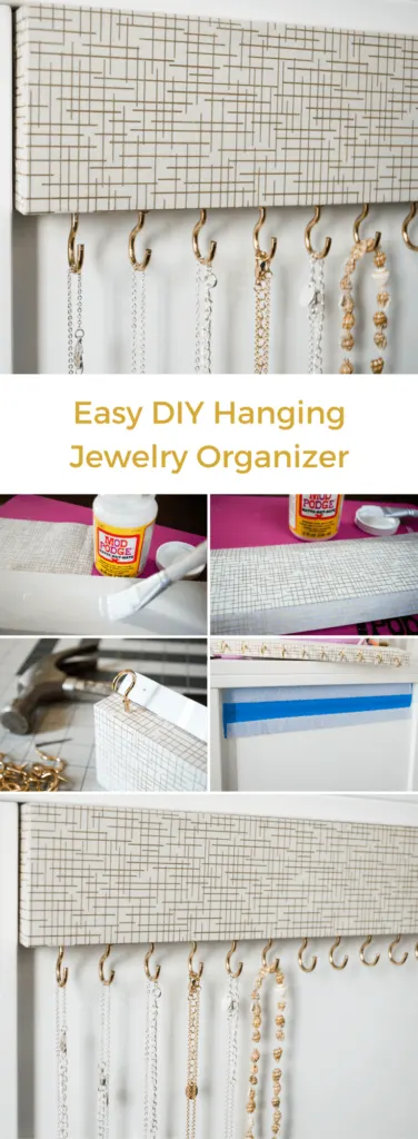 DIY Jewelry organizer for tangle-free necklaces. Cover wood with decorative paper, screw in cup hooks and mount. See how to make your own for less than $10! [ Jewelry Organizer - Necklace Holder - Jewelry Holder Wall - Wood Jewelry Hanger - Necklace Storage ]