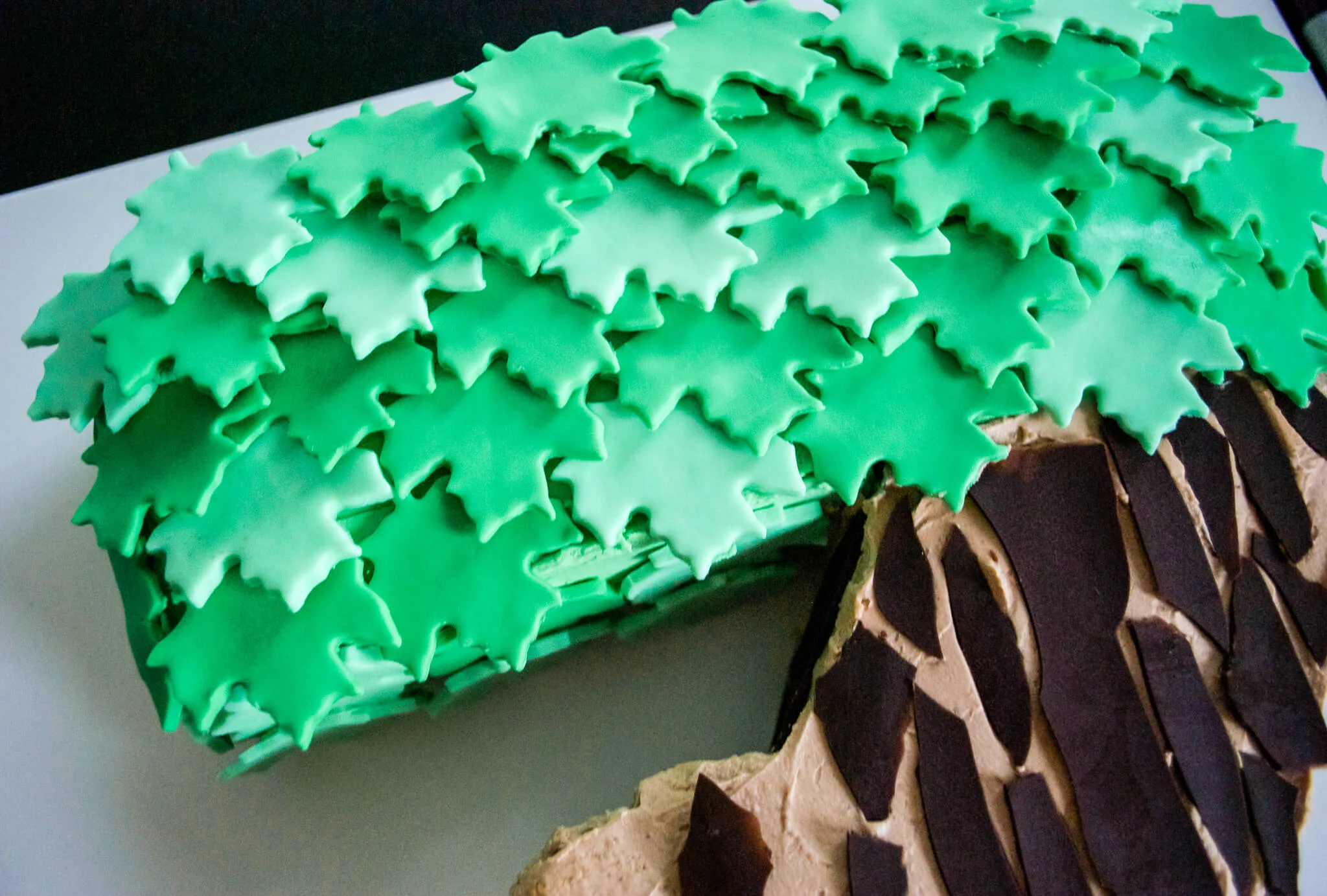 Easy DIY Magic Tree House birthday cake for a Magic Tree House 7th birthday party. Edible tree house and leaves are fondant, bark is chocolate. Get the free printable template to make the tree house and number 7 shaped cake - no special cake pan needed!