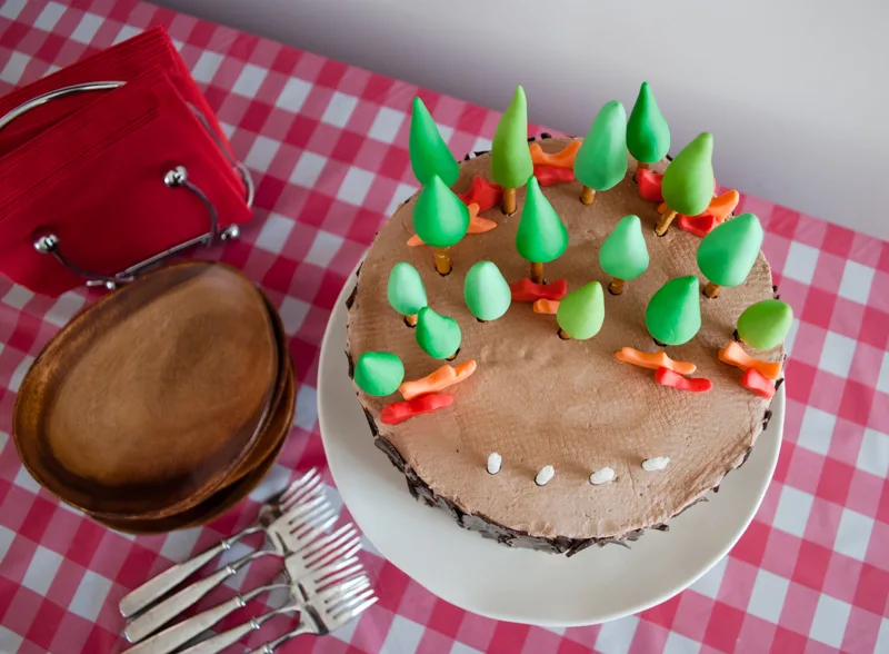 Easy DIY Planes Fire & Rescue Birthday Cake for your little fireman. This cute forest trees and flames cake is simple for beginners. Firemen Dusty, Blaze, Dipper and Windlifter are on their way to put out the forest fire in Piston Peak National Park! A trees birthday cake would be cute for a camping birthday party too.