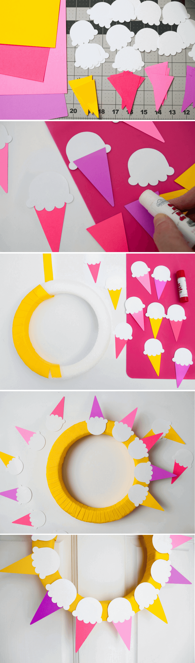 How to make an ice cream front door wreath for summer. Make this cool ice cream wreath that looks like sunshine!