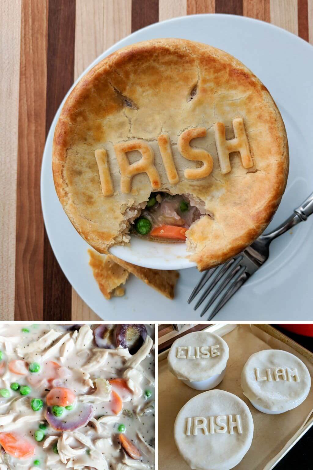 Individual chicken pot pie with Irish pie crust letters