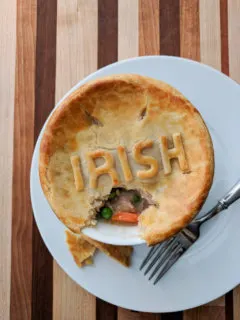 Individual chicken pot pie with Irish pie crust letters