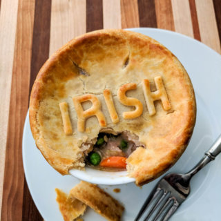 Individual chicken pot pie with Irish pie crust letters