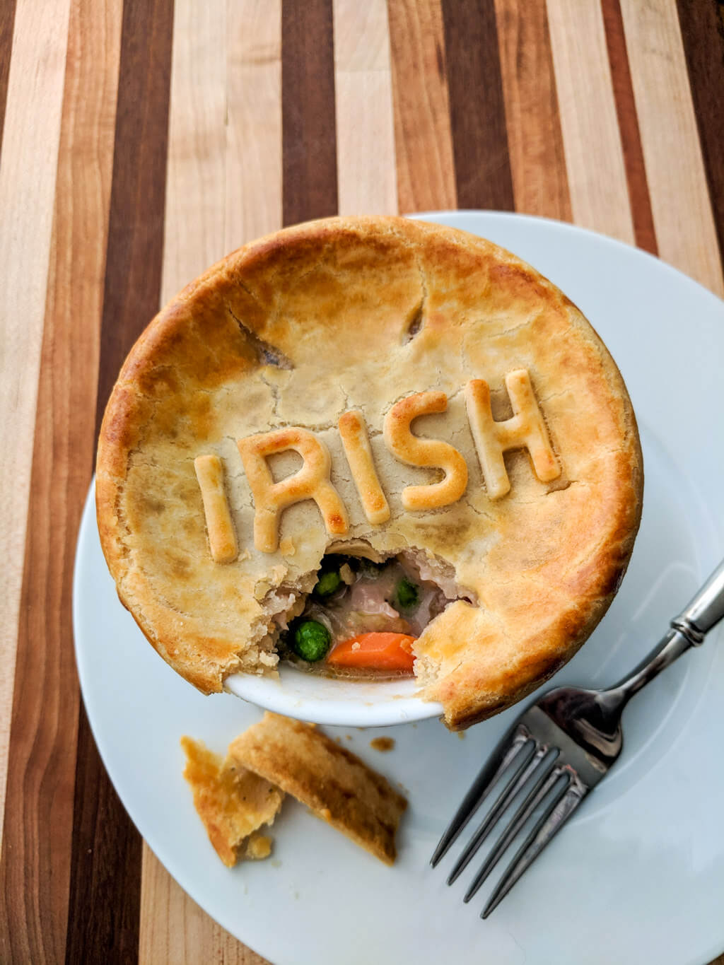 Individual chicken pot pie with Irish pie crust letters