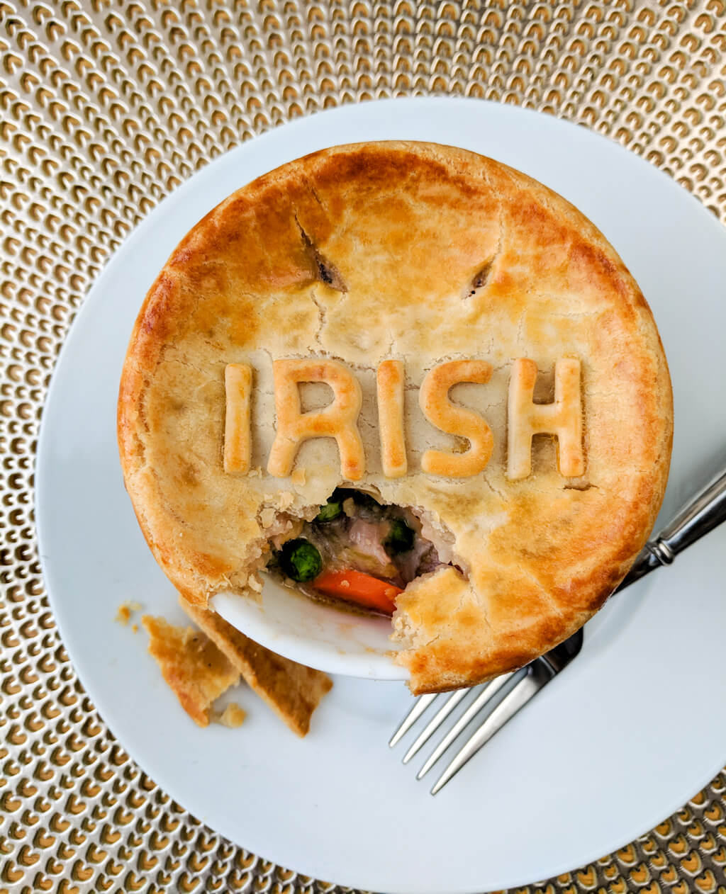 Individual chicken pot pie with Irish pie crust letters