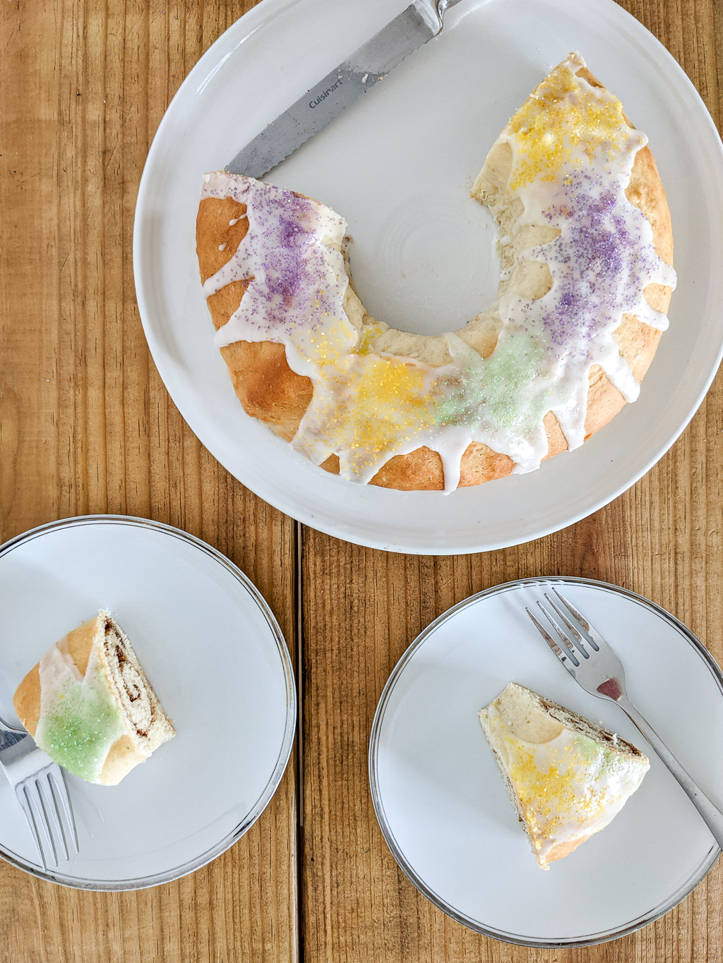 King Cake with green, yellow, and purple sprinkles for Mardi Gras