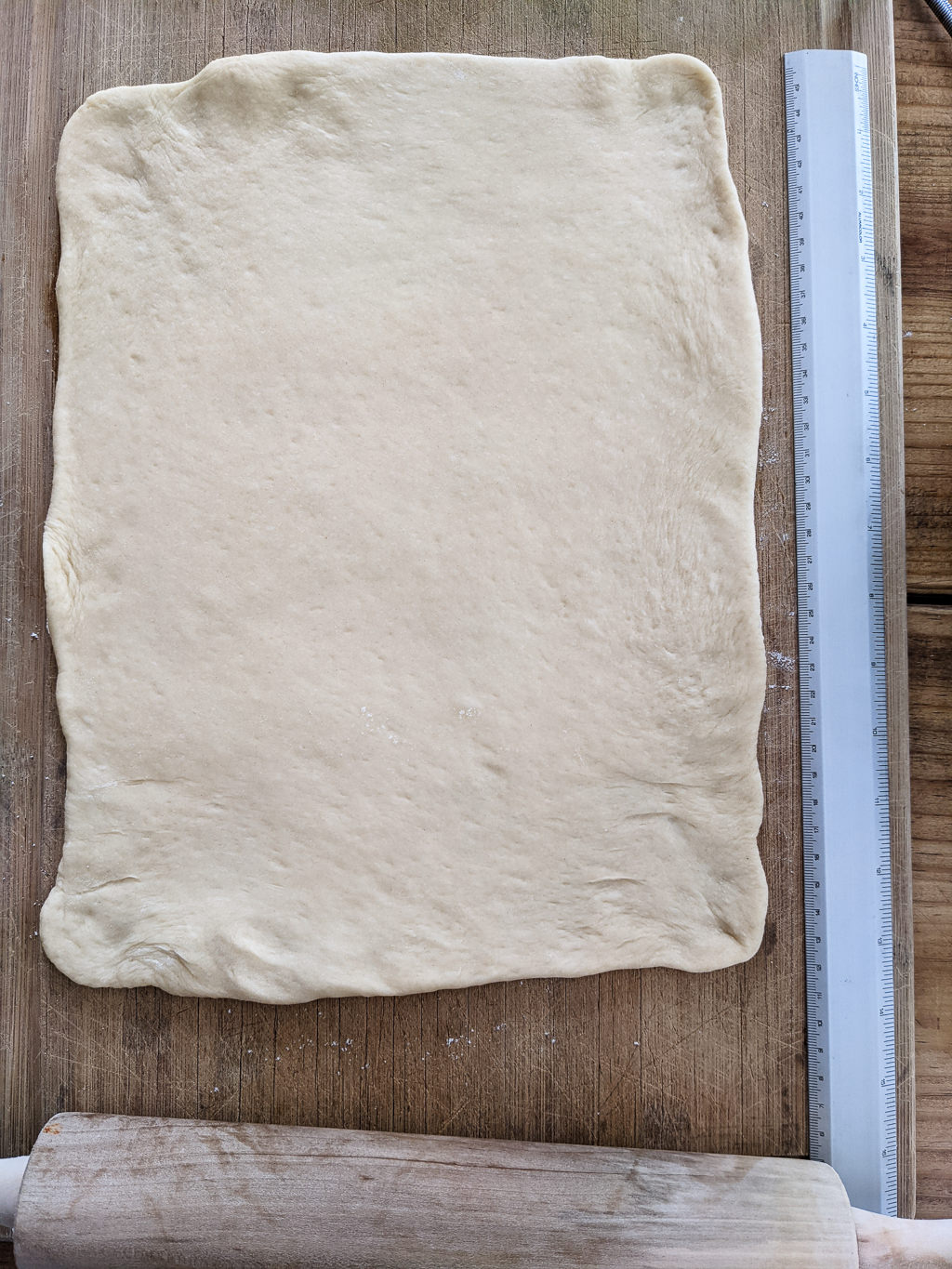 Yeasted sweet bread dough rolled into a rectangle