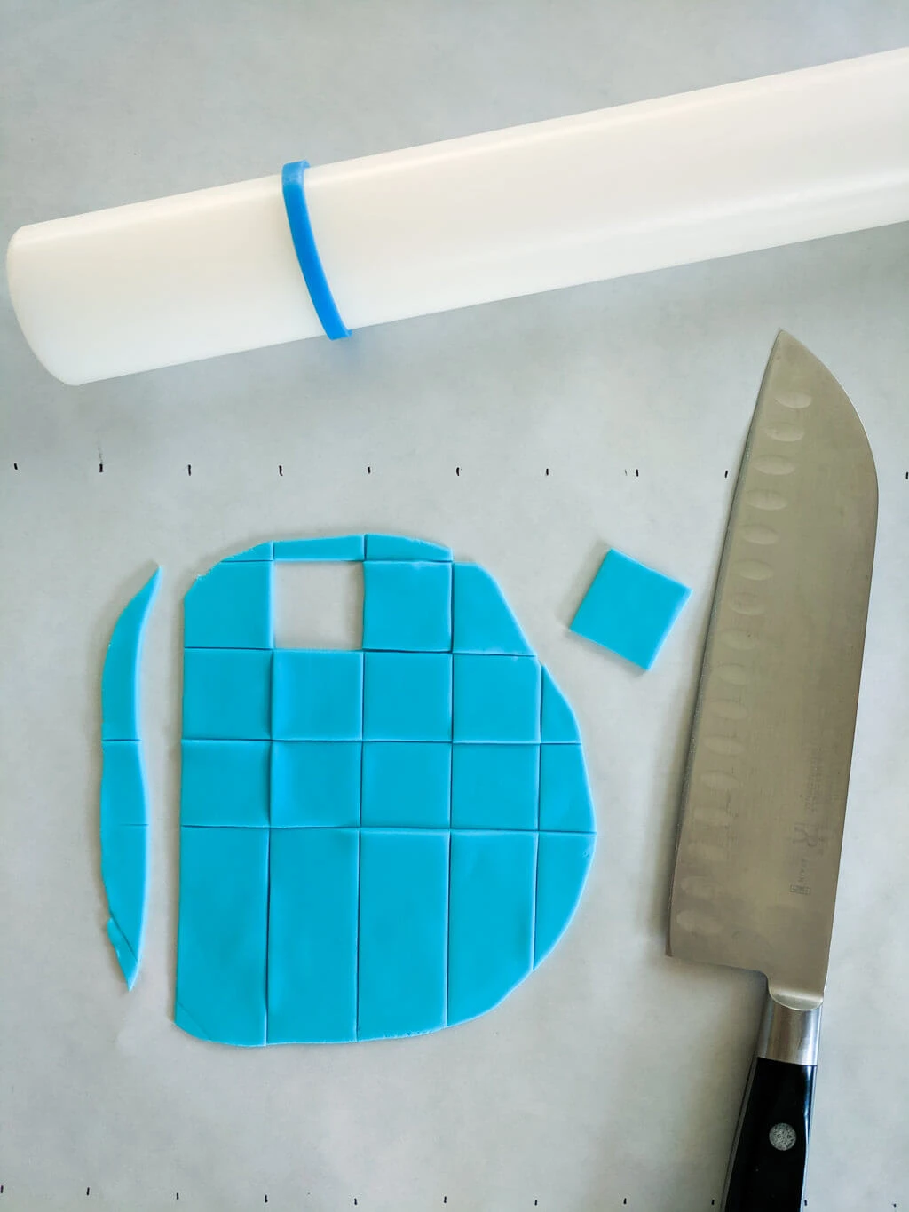 Cutting fondant squares for an easy Minecraft birthday cake
