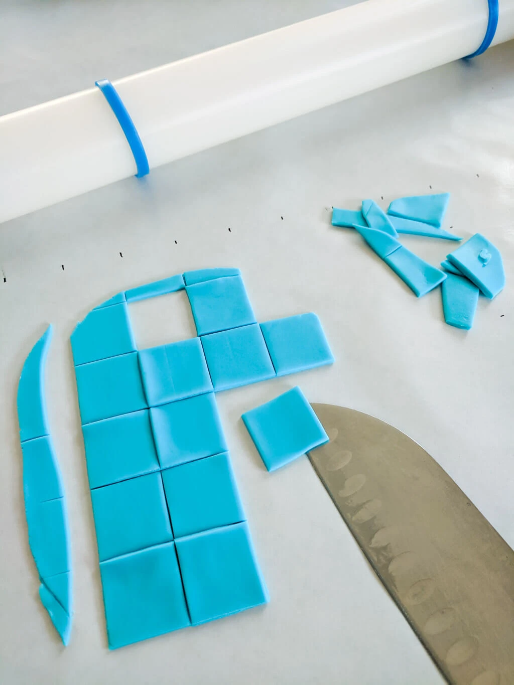 Cutting fondant squares for an easy Minecraft cake