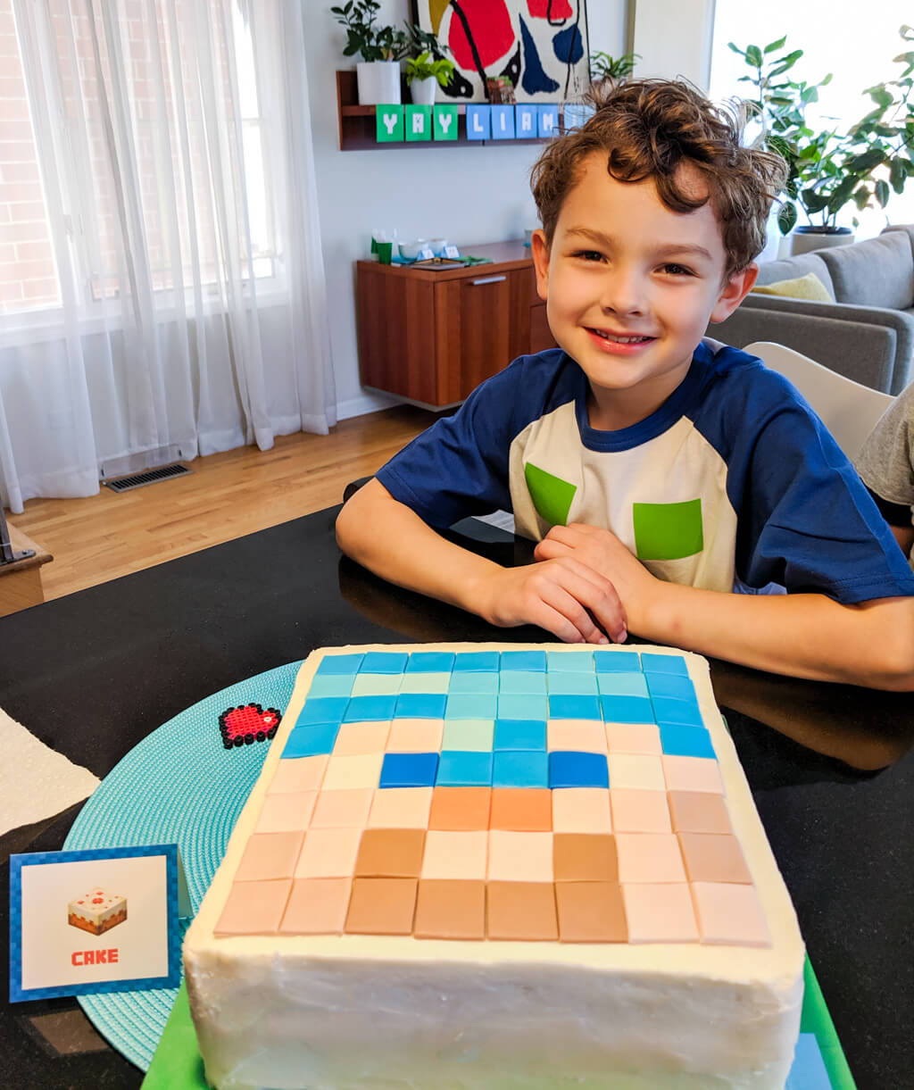 Liam with DIY Minecraft birthday cake copyright Merriment Design