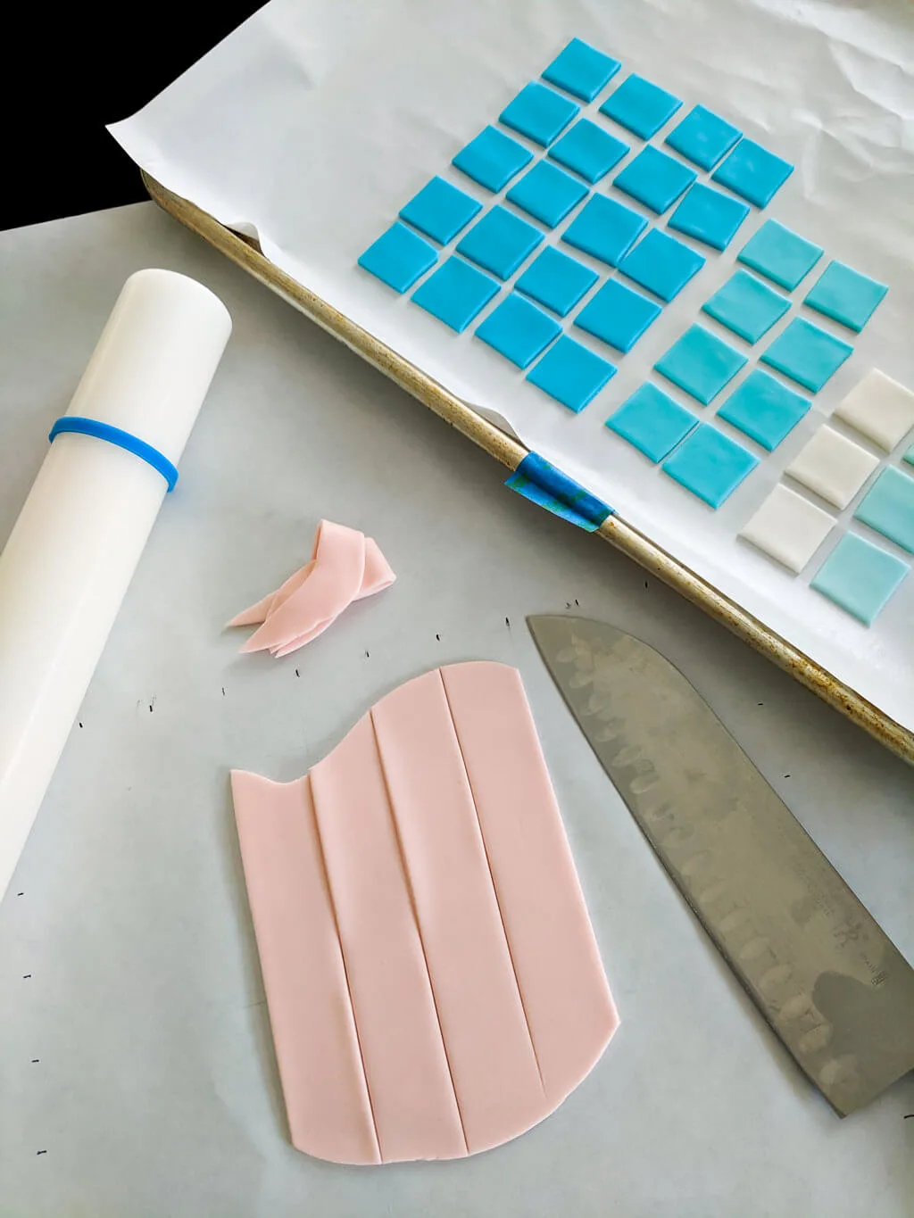 Cutting fondant squares for an easy Minecraft cake