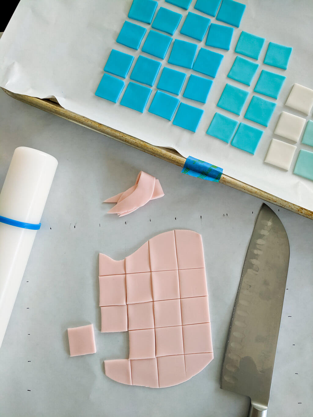 Cutting fondant squares for an easy Minecraft birthday cake