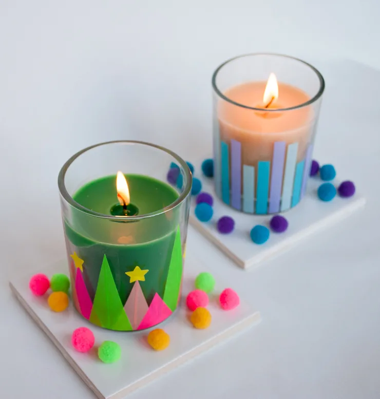 Easy Modern and Whimsical Holiday Candles DIY with Washi Tape and Pom Poms #christmas #hanukkah #SmellsLikeHolidaySpirit Modern and Whimsical Holiday Candles DIY decorations for Christmas and Hanukkah