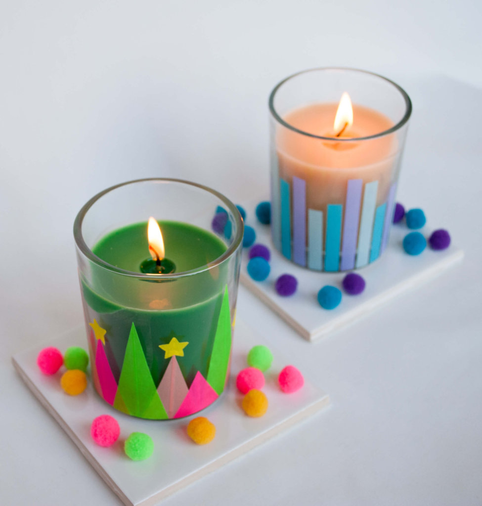 Easy DIY Christmas Gift: Modern and Whimsical Holiday Candles DIY with Washi Tape and Pom Poms #christmas #hanukkah #SmellsLikeHolidaySpirit #diychristmasgift #handmadegift #diygift