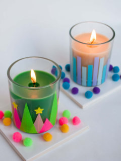 Easy Modern and Whimsical Holiday Candles DIY with Washi Tape and Pom Poms #christmas #hanukkah #SmellsLikeHolidaySpirit