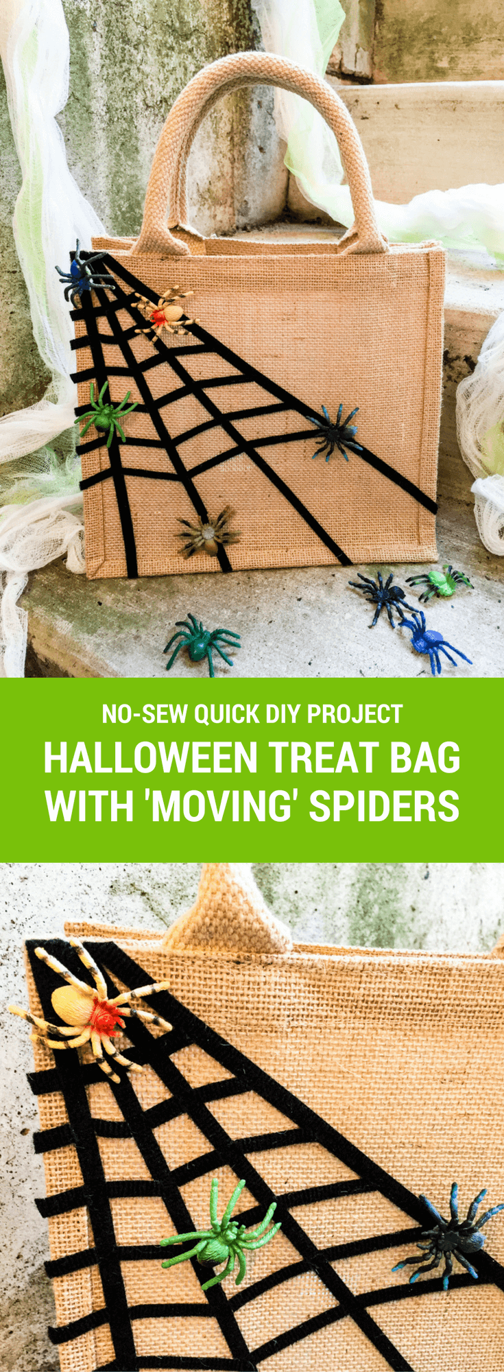 Easy DIY trick-or-treat bag: No-sew "sticky spiderwebs" bag. Move spiders around the webs. Eek! | #halloween #halloweencrafts #handmadehalloween
