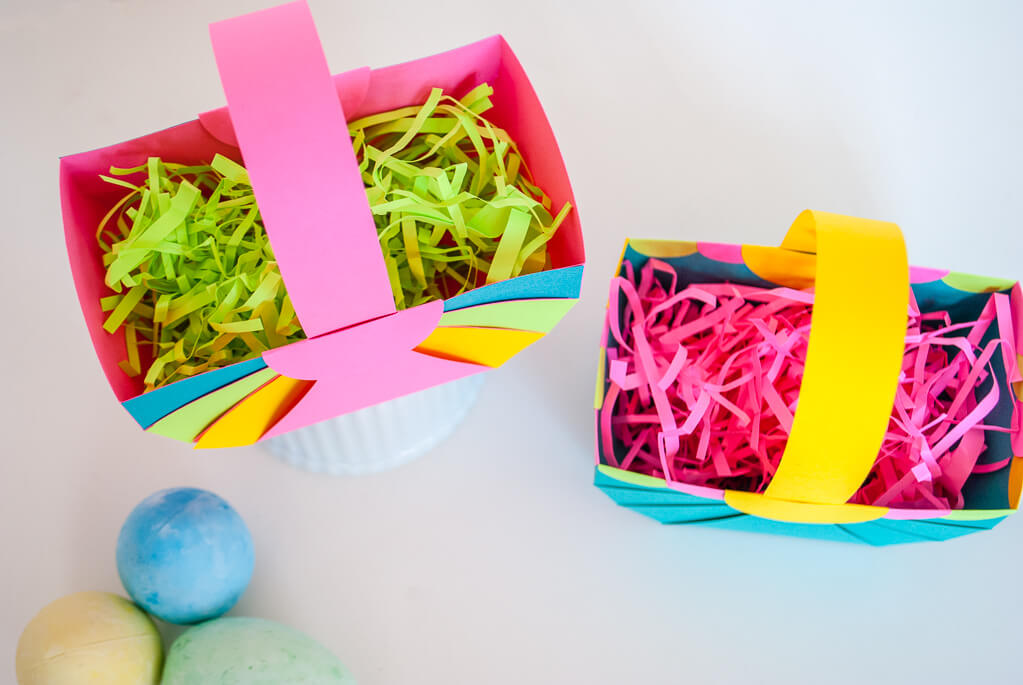 Paper Easter grass inside paper Easter baskets