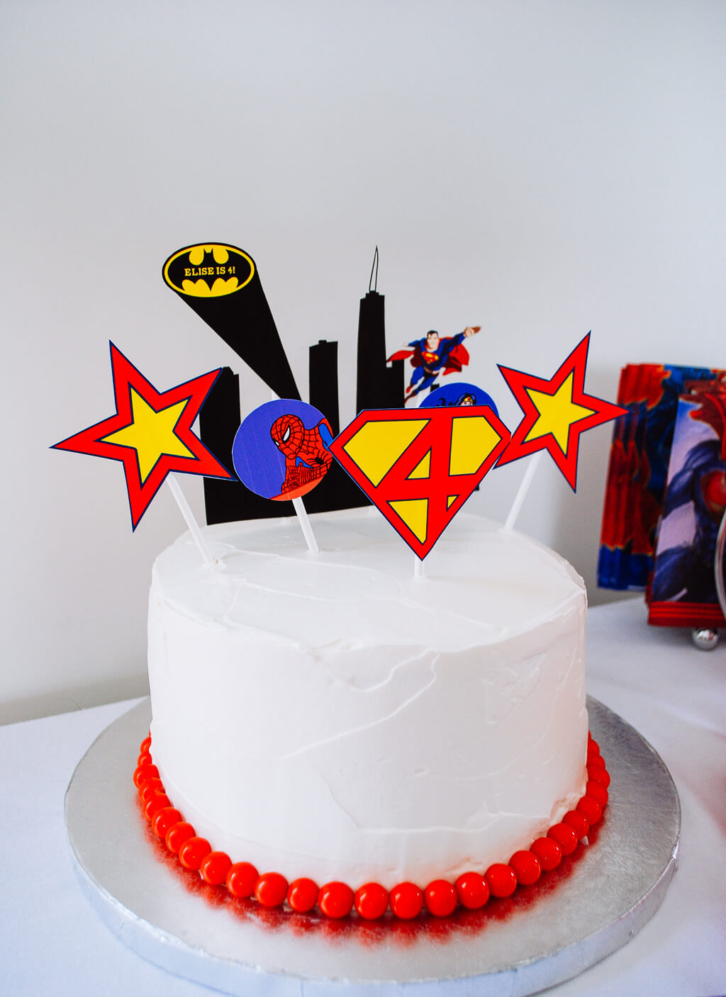 Easy super hero birthday cake with cake toppers