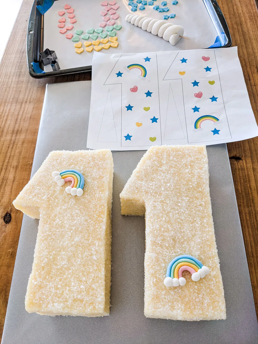Decorating a birthday cake with fondant rainbows