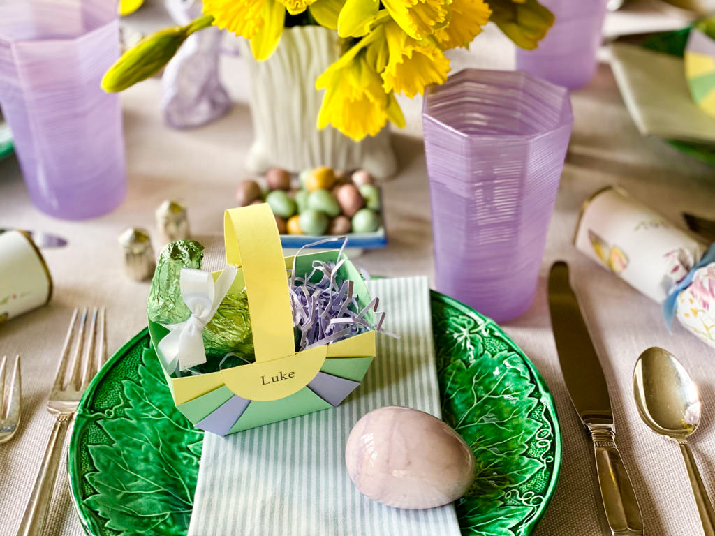 DIY Easter place cards on an elegant pastel Easter table