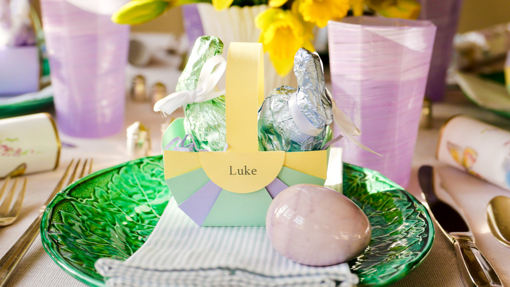 DIY Easter place cards on an elegant pastel Easter table