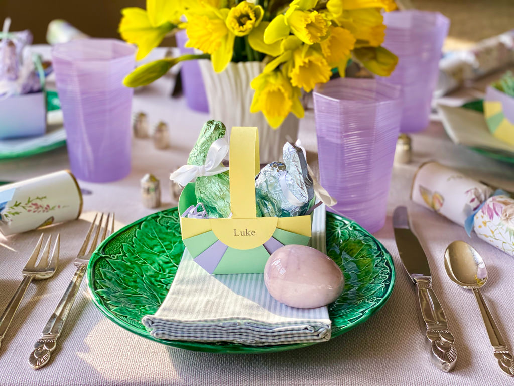 Editable Easter place cards on an elegant pastel Easter table