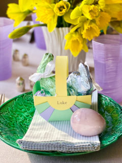 DIY Easter place cards on an elegant pastel Easter table