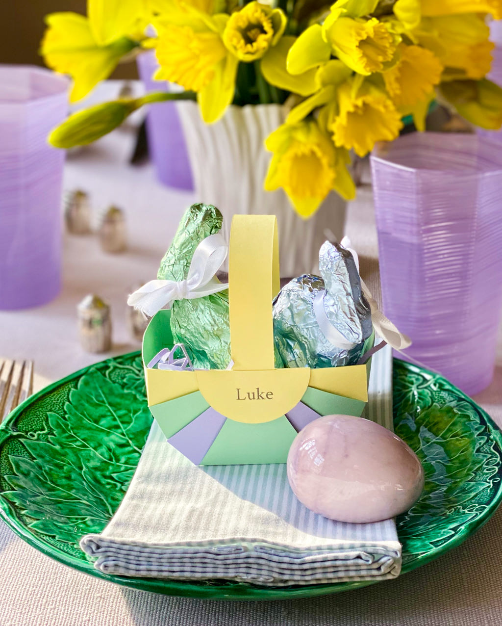 DIY Easter place cards on an elegant pastel Easter table