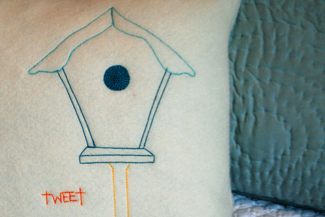 Embroidered birdhouse pillow using tissue paper + sewing machine