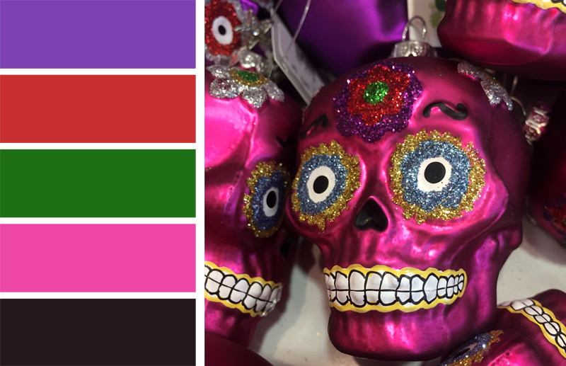Day of the Dead (Día de los Muertos) color palette inspiration for fall. Try this purple, pink, blood red and black color palette with a pop of green on your Halloween paper crafts, Halloween wreaths, Halloween party decorations and more