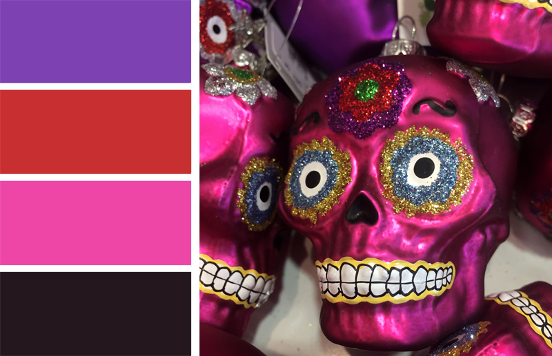 Day of the Dead (Día de los Muertos) color palette inspiration for fall. Try this purple, pink, blood red and black color palette with a pop of green on your Halloween paper crafts, Halloween wreaths, Halloween party decorations and more