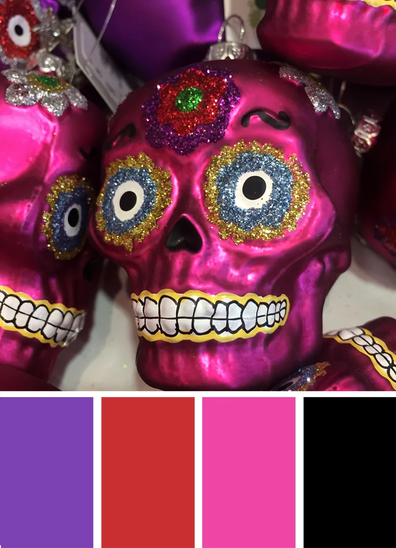 Day of the Dead (Día de los Muertos) color palette inspiration for fall. Try this purple, pink, blood red and black color palette on your Halloween paper crafts, Halloween wreaths, Halloween party decorations and more
