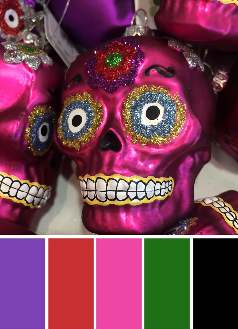 Day of the Dead (Día de los Muertos) color palette inspiration for fall. Try this purple, pink, blood red and black color palette with a pop of green on your Halloween paper crafts, Halloween wreaths, Halloween party decorations and more