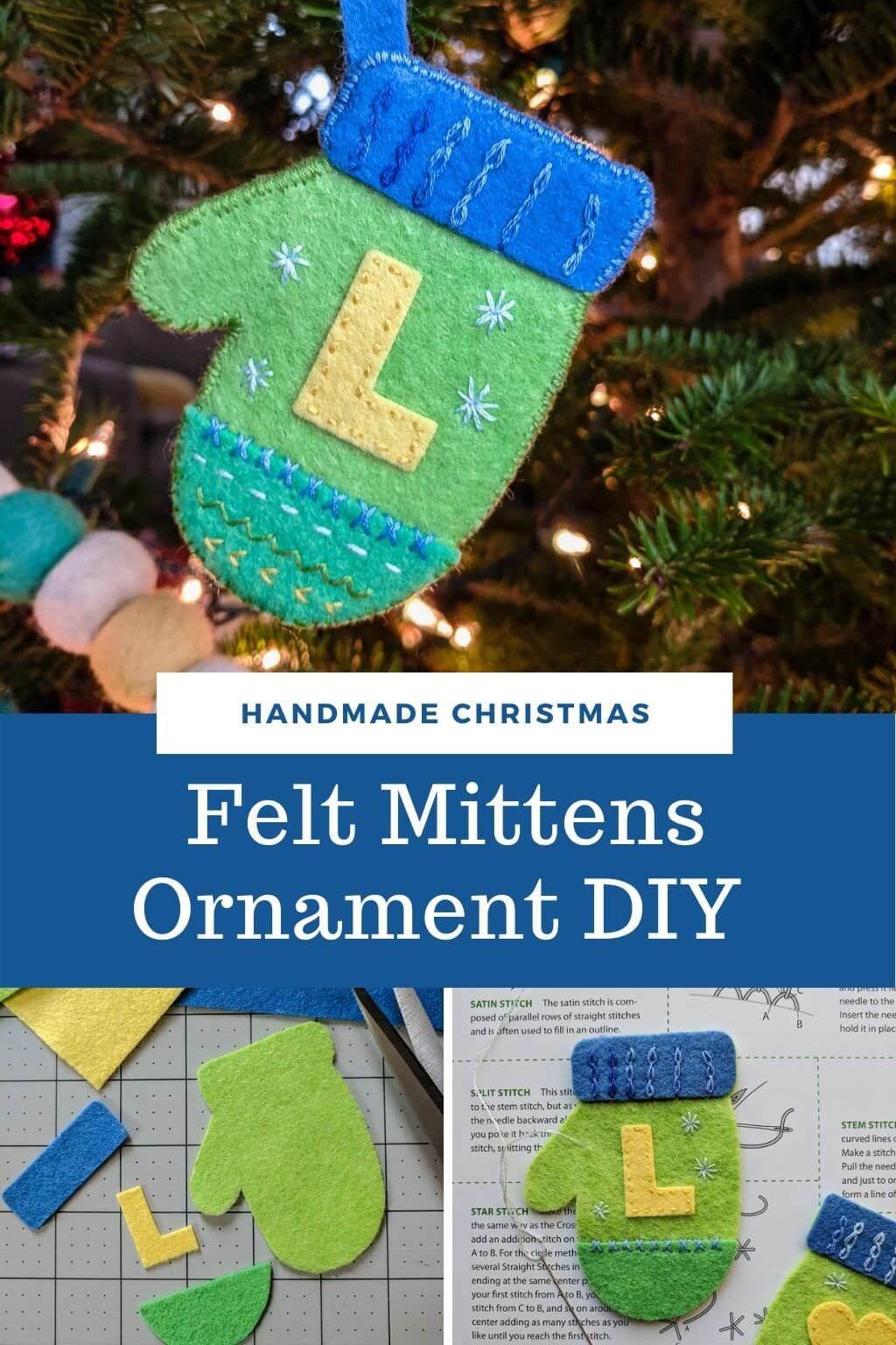 DIY felt mittens ornament on a Christmas tree