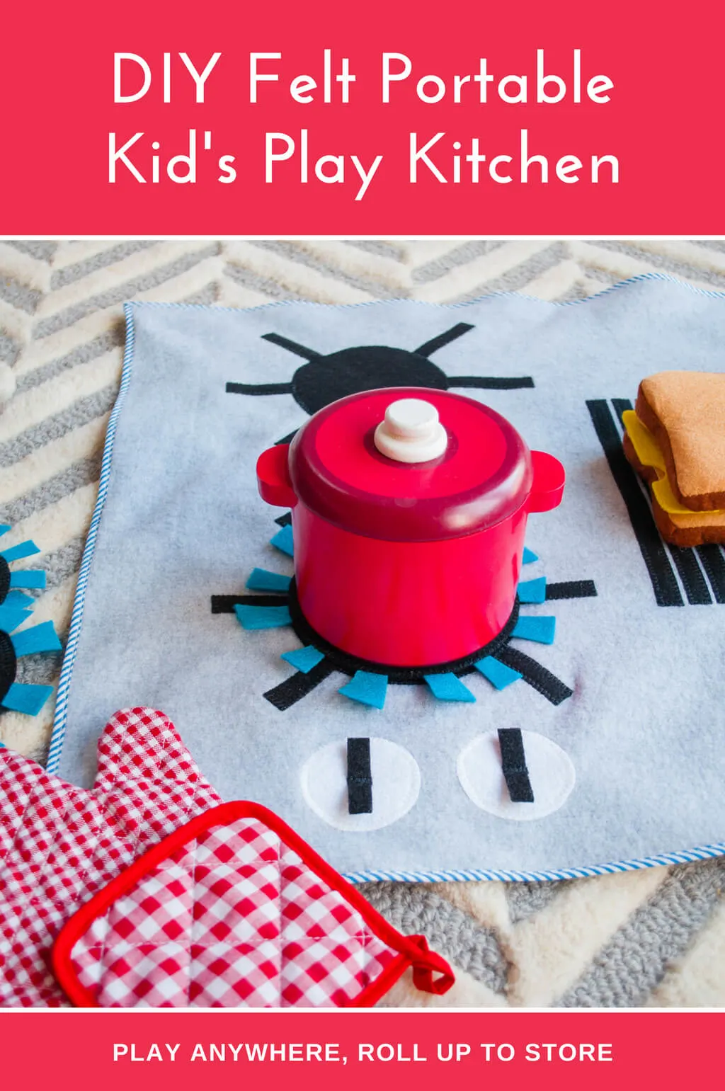 Felt stove DIY kids play kitchen with detachable felt "burners." It's flat, so you can put it anywhere and roll it up to store away. What a great kids DIY Christmas gift idea! | DIY play kitchen | DIY felt stovetop | DIY felt oven #diygifts #christmas #sewing #freesewingpattern #sewingpattern #DIY #diyforkids