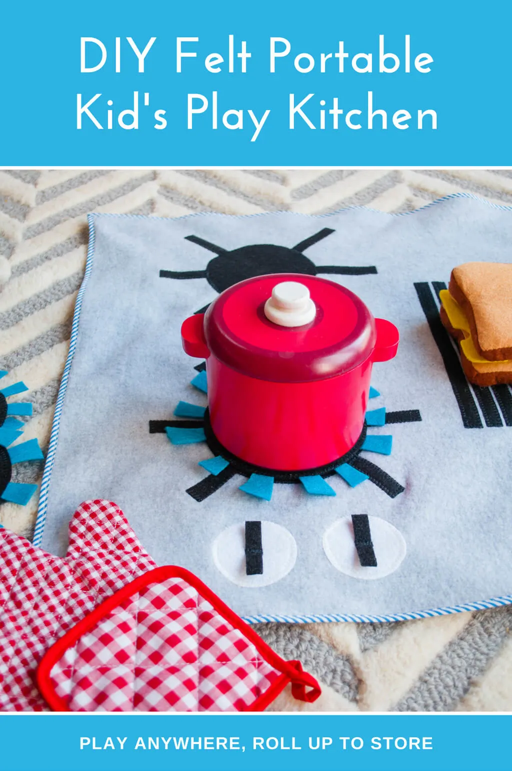 Felt stove DIY kids play kitchen with detachable felt "burners." It's flat, so you can put it anywhere and roll it up to store away. What a great kids DIY Christmas gift idea! | DIY play kitchen | DIY felt stovetop | DIY felt oven #diygifts #christmas #sewing #freesewingpattern #sewingpattern #DIY #diyforkids