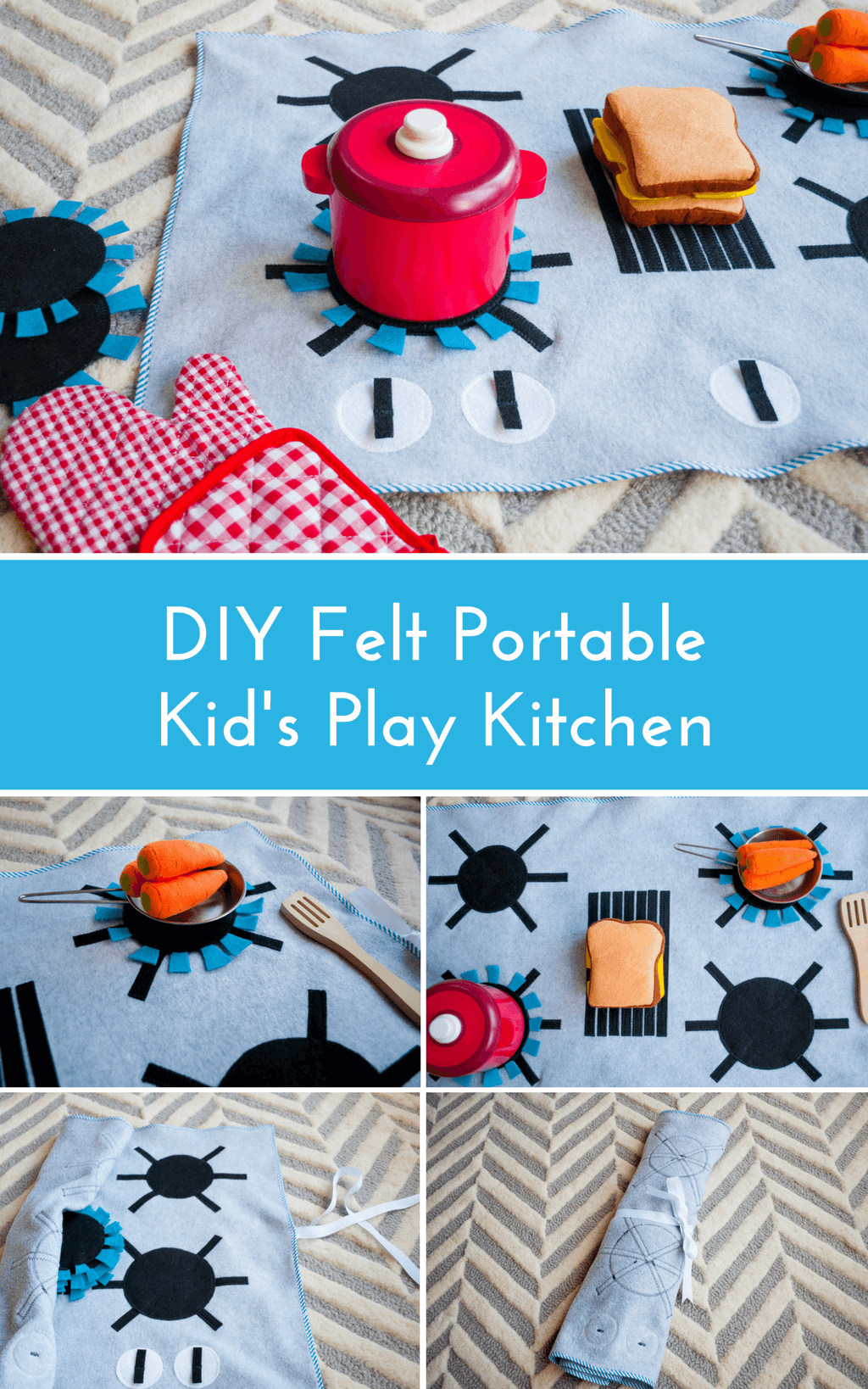 Felt stove DIY kids play kitchen with detachable felt "burners." It's flat, so you can put it anywhere and roll it up to store away. What a great kids DIY Christmas gift idea! | DIY play kitchen | DIY felt stovetop | DIY felt oven #diygifts #christmas #sewing #freesewingpattern #sewingpattern #DIY #diyforkids