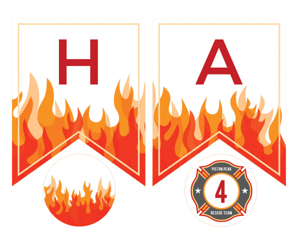 Personalized printable fireman birthday banner - fire and flames. Download, type to personalize, print and hang for a modern firefighter birthday party