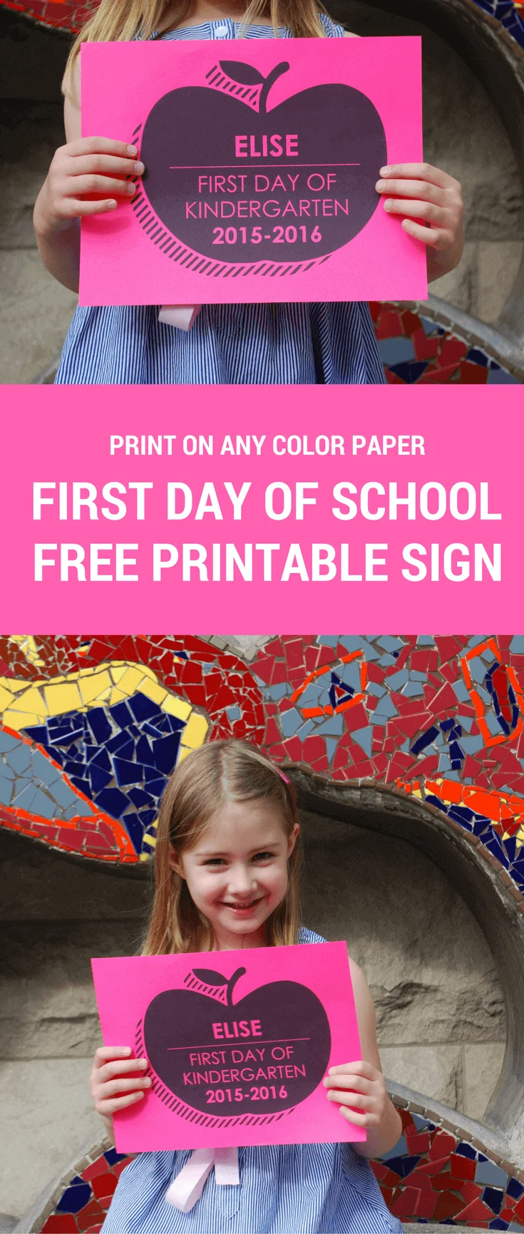 Free Personalized First Day of School printable sign. Just download, type to personalize, and print on any color paper you wish!