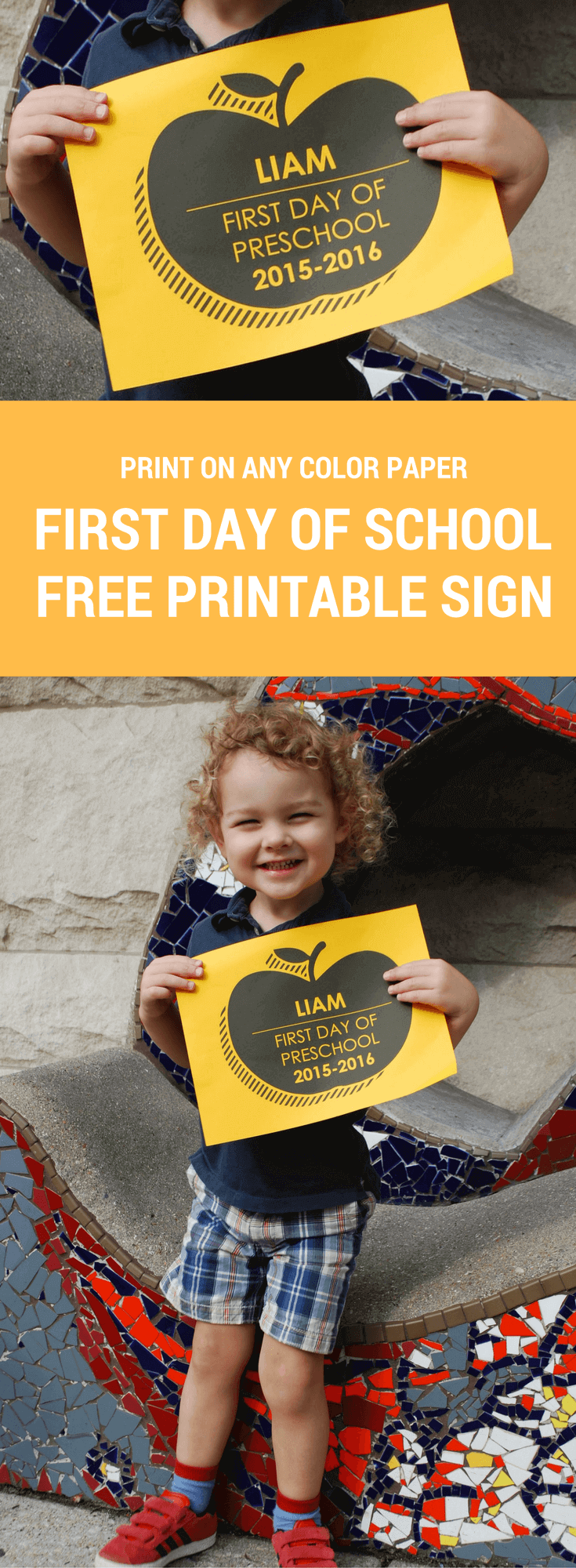 Free Personalized First Day of School printable sign. Just download, type to personalize, and print on any color paper you wish!