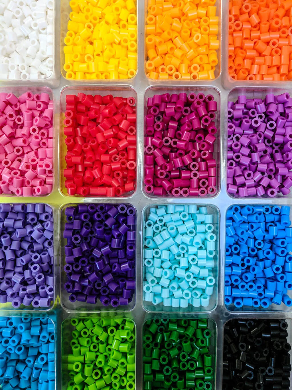 Perler bead colors in a tray