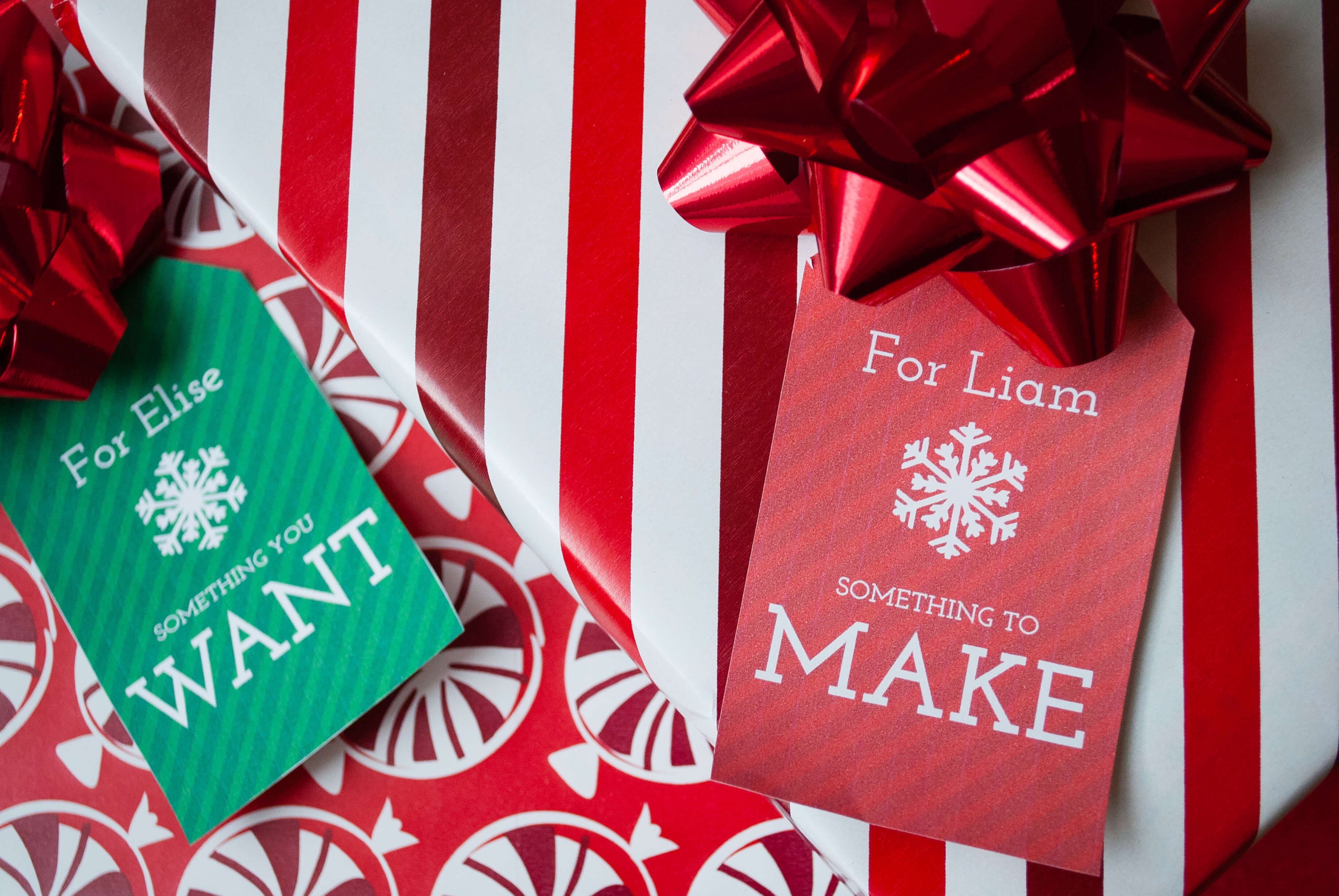 'Four Gift Christmas' free printable gift tags: Want, Need, Make, Read - Merriment Design3672 x 2458