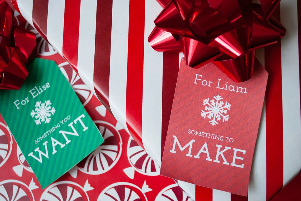 Four gift Christmas free printable gift tags: Want, Need, Make, Read