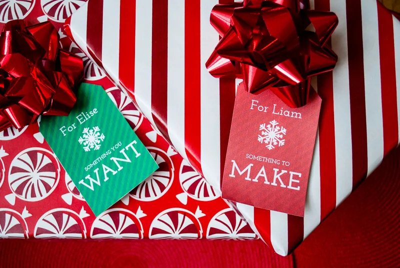 Free printable Christmas gift tags for 'Something you want, something you need, something to make, something to read'. #christmasgifts #fourgiftchristmas #christmastags #freeprintable #giftwrap