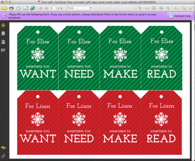 'Four Gift Christmas' free printable gift tags Want, Need, Make, Read