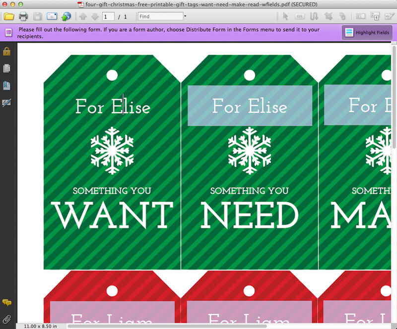 'Four Gift Christmas' free printable gift tags: Want, Need, Make, Read - Merriment Design