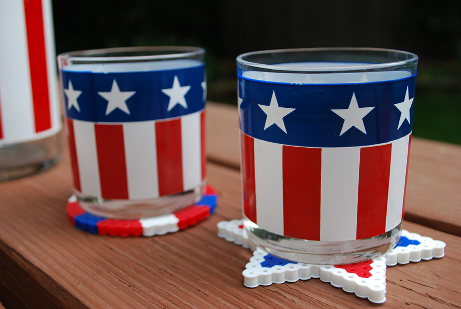 DIY Perler bead coasters craft idea for Fourth of July.