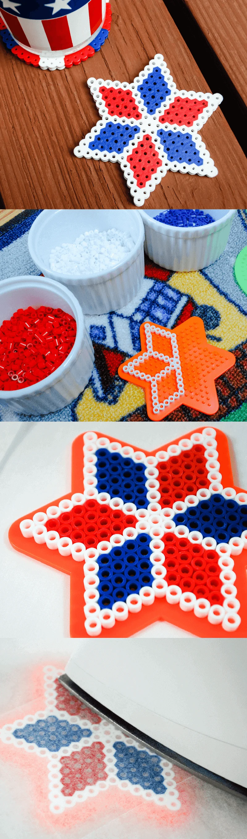 Easy DIY Perler bead coasters for Fourth of July. Makes a fun and useful kid's summer craft activity!