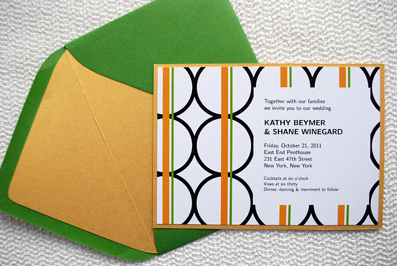 Free orange and green DIY modern wedding invitation printable template with circles and stripes